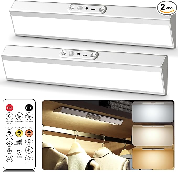 Motion Sensor Closet Lights, Eye Protection Design Cabinet Lighting Wireless with Remote, 3 Color Temps & Dimmable, Magnetic, Rechargeable LED Closet Lighting for Kitchen, Wardrobe, Pantry, 2 Pack