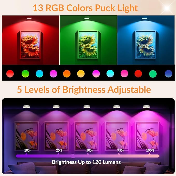 Puck Lights with Remote, 13 Colors Rechargeable Night Light, 1500mAh Under Cabinet Motion Sensor Lighting with Multicolor and Timing Function, RGB Puck Lights for Cabinets Kitchen, Stairs (4P）