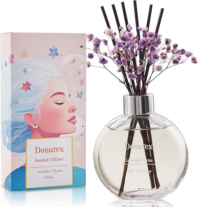 Flower Reed Diffuser Set 5.07oz Lavender Thyme Scent Diffuser with Sticks Home Fragrance Reed Diffuser for Bathroom Shelf Decor