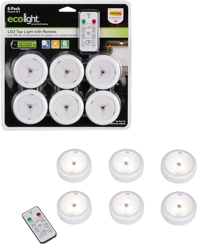Ecolight 6-Pack 3-Inch Battery-Operated LED Puck Lights with IR Remote, 40 Lumens Each, Dimmable, Timer Settings, Molded White, Wireless Under-Cabinet Lighting