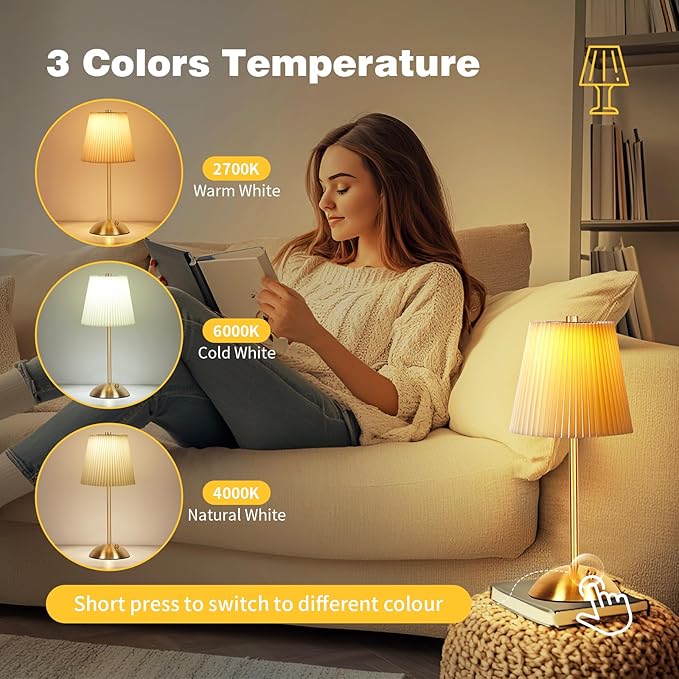 2-Pack Cordless Table Lamp,3000mAh Rechargeable Battery Operated Touch Light, Portable 3-Color Dimmable Vintage Ambient Light Beige Fabric Shade for Dining Table/Bedroom/Kitchen/Bathroom/Entryway/Gift