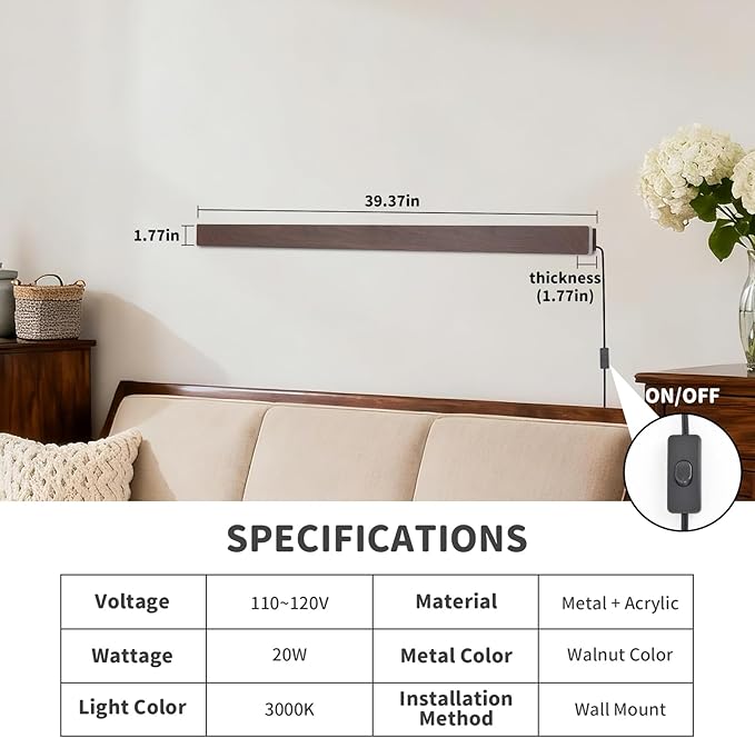 Farmhouse Plug in Long Wall Sconce, 39.3" Faux Walnut Finish LED Wall Lights, 20W Warm White 3000K Acrylic Indoor Wall lamp, with 59" Plug Cable for Bedroom, Living Room, Hallway