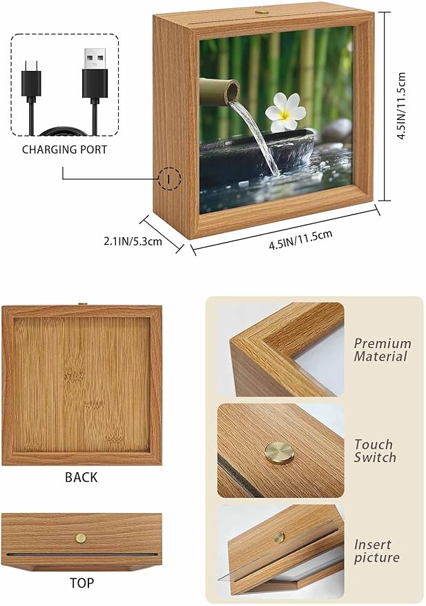 Wood Night Light Box 4.5x4.5in,Zen Meditation Plumeria Flower Table Lights Wooden Picture Frame with USB Rechargeable Touch LED Lights for Home Decor Desktop Display,Flowing Water Forest