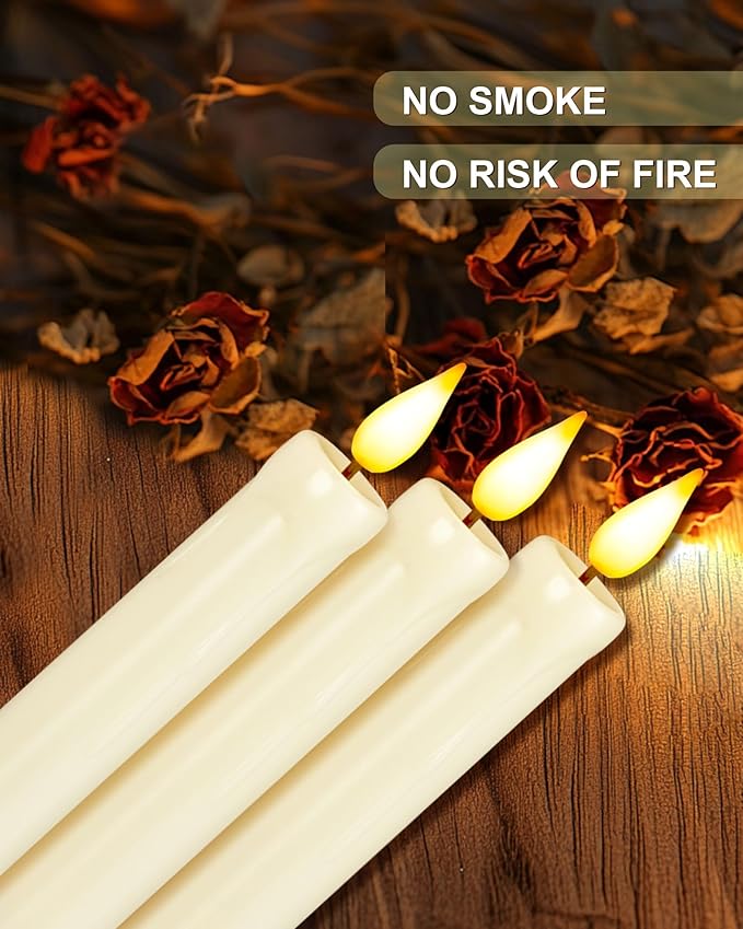 Homemory 3 Pack Flameless Taper Candles, No Remote, Realistic Flickering Battery Operated Candlesticks, White LED Plastic Candle Safe for Weddings, Table Decor, Christmas, and Halloween