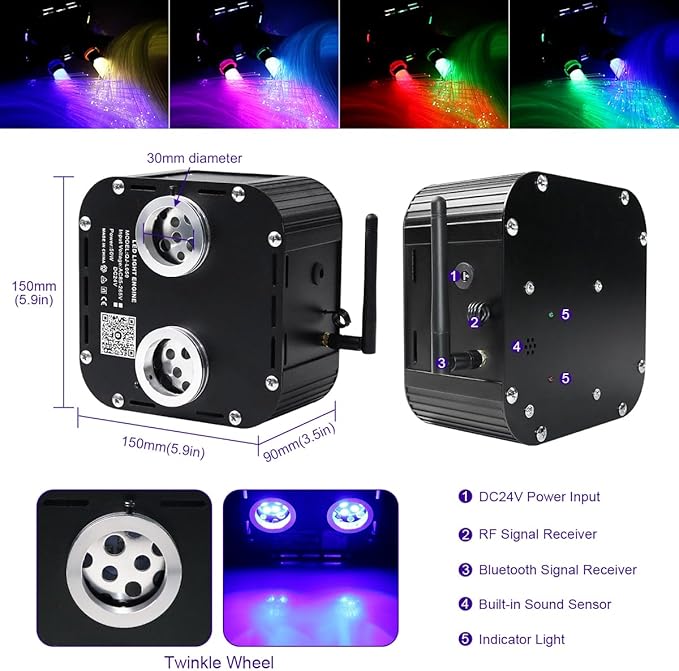 AZIMOM Updated Dual Color 50W Twinkle Fiber Optic Starlight Kits Mixed 1330pcs*16.4ft Fiber Strands End Glow Sound Activated Bluetooth/APP Remote Control Theater Ceiling Home Shop Lobby Roof Decor