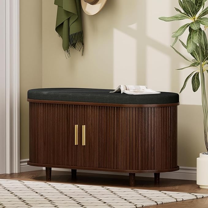 Entryway Bench with Storage: 35.4" Wooden Bedroom Shoe Bench with Thickened Padded Seat Cushion, Mid Century Modern Fluted Sliding Door and Adjustable Shelf, for Entryway, Living Room