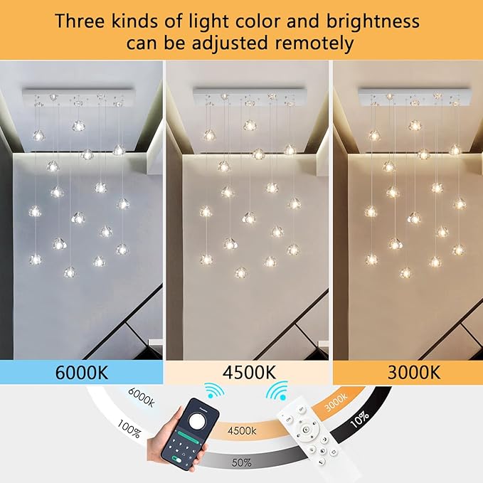 Crystal Rectangular LED Chandelier for Living Dining Room Light Dimmable High Ceiling Pendant Lights Fixtures Lighting Chandeliers for Foyer Entryway Lighting Polished Chrome