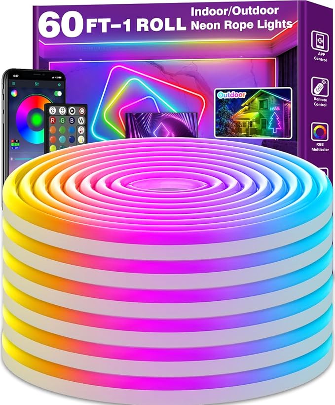 AILBTON 60Ft Neon Rope Lights,Flexible Led Rope Lights Control with App/Remote,Multiple Modes Music Sync Gaming RGB Led Neon Lights for Bedroom Outdoor