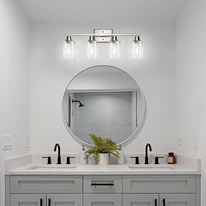 Ascher Bathroom Light Fixtures, 4-Light Vanity Lights with Clear Glass Shade, Modern Brushed Nickel Wall Light for Mirror Bedroom Hallway Cabinet Porch