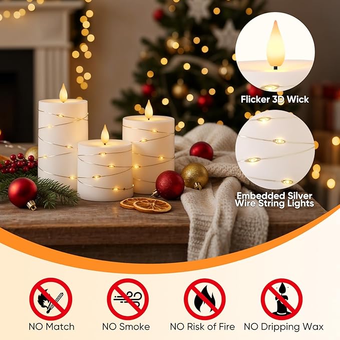 Raycare Flameless Candles with Remote Timer, Flickering Battery Operated LED Pillar Fake Candle with String Lights for Home Decor, Christmas, Wedding and Gift, White, Set of 3