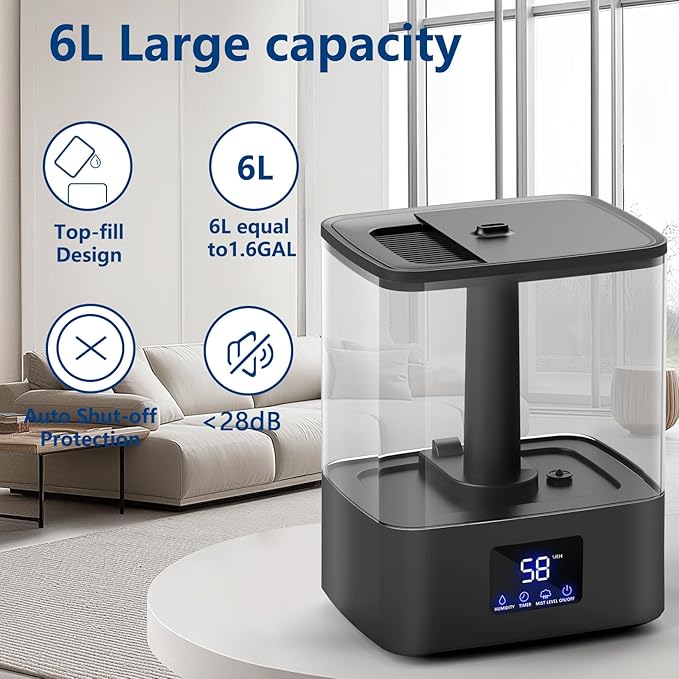 KZF 4L Top Fill Humidifiers for Bedroom & 60H Runtime - Cool Mist Humidifier, 3 Mist Levels, 8H Timer, Essential Oil Tray, Humidity Display, Quiet for Bedroom, Baby, Plants, Large Room (Black, 6L)