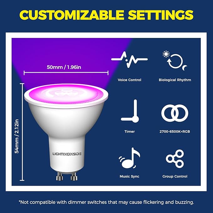 Lightinginside GU10 Smart Light Bulbs 50W Equivalent, 38°Beam Angle, Smart Bulb Works with Alexa/Google Home/SmartLife, 5W 420LM, RGBCW Bluetooth Spotlight Track Light, 2.4G WiFi, ETL Listed, 4PCS