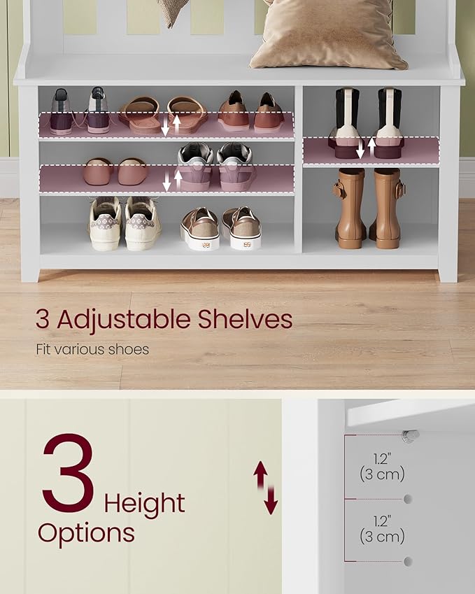 VASAGLE Hall Tree with Bench and Shoe Storage, Coat Rack with Shoe Bench, 7 Double Hooks for Jackets, Hats, Entryway, Bedroom, Living Room, 13.8 x 31.9 x 70.9 Inches, Matte White UHSR414WB01S