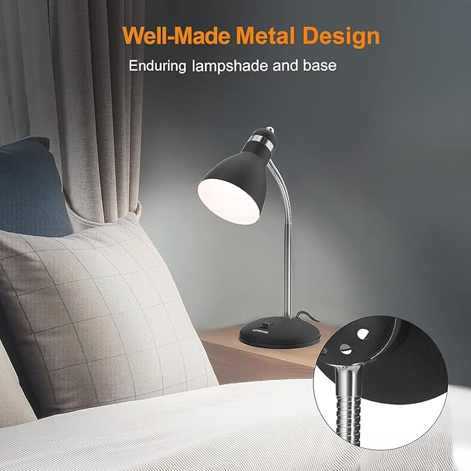 LEPOWER Metal Desk Lamp, Eye-Caring Table Lamp, Study Lamps with Flexible Goose Neck for Bedroom, Home Office (Matte Black)