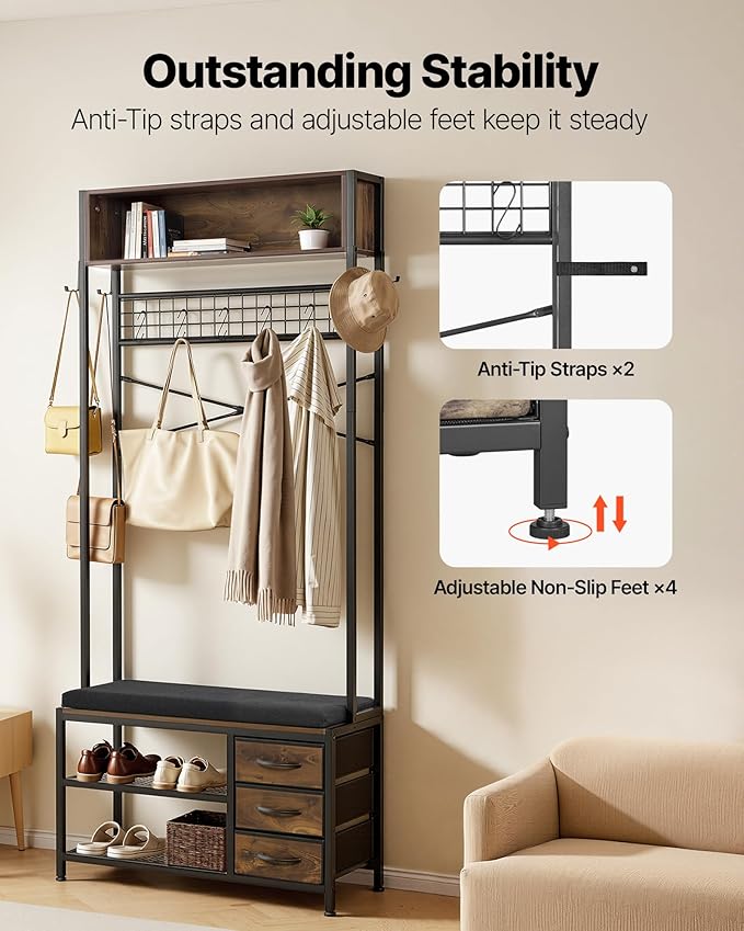 VEVOR Hall Tree with Bench and Shoe Storage, Entryway Bench with Coat Rack, 3 Drawers, 3 Storage Cubbies, 7 Hooks with Soft Cushion for Entryway, Hallway