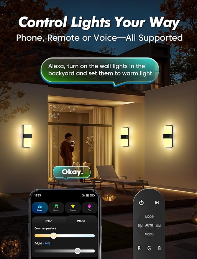 Outdoor Wall Lights, RGBCW Smart LED Lamp, Color Changing Front Door Sconce, Porch Lights Outdoor Light Fixture,12in Exterior Wall Sconces, Remote & Wi-Fi Control, IP65 Waterproof, 2 Pack