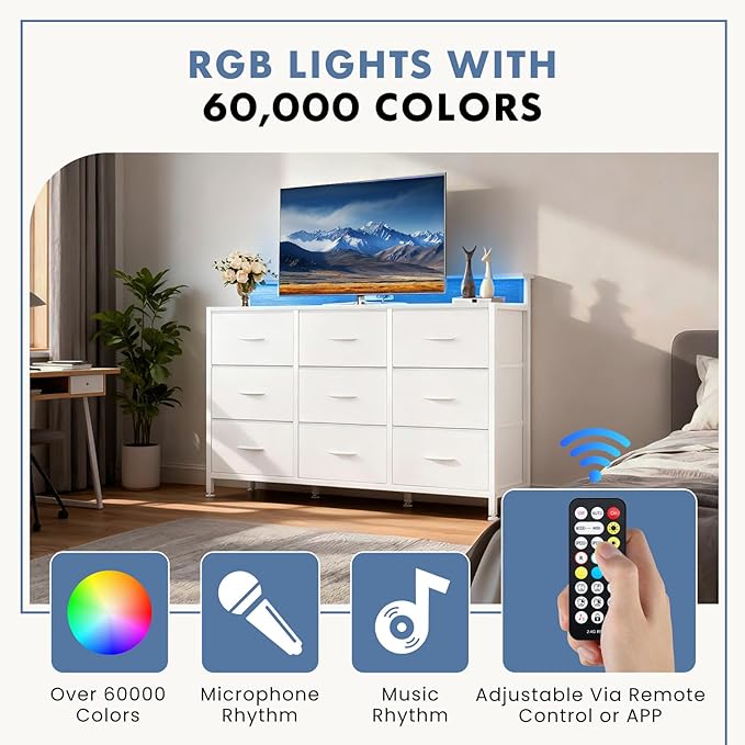 DUMOS TV Stand Dresser with 9 Fabric Drawers and Open Shelves, Entertainment Center with LED Lights, Charging Station for Bedroom, Wood Top Media Console for 45-55 inch TV Stand with Storage, White