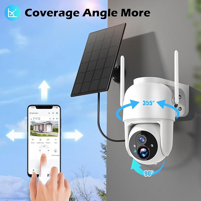 2Packs Solar Security Outdoor WiFi Camera, Pan Tilt 355° View IP65 Waterproof Rechargeable Wireless Battery Powered 2K 3MP PTZ Camera with PIR, Color Night Vision,2-Way Talk, 4dbi Antenna