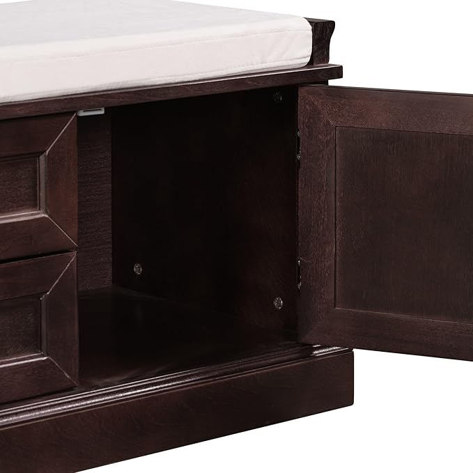 GDFStudio Rustic Storage Bench with 4 Doors 2 Draws Adjustable Shelves Removable Cushion Rectangular Cabinet Foot Rest Stool Solid Wood Shoe Bench Seating for Entryway Living Room, Espresso