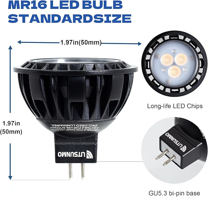 MR16 LED Bulb 3000K Warm White, 4W MR16 GU5.3 LED Bulb Aluminum, 350 Lumens,12V Low Voltage Landscape Light Bulbs for Outdoor Landscape Lighting and Indoor Accent Lighting, 1 Pack