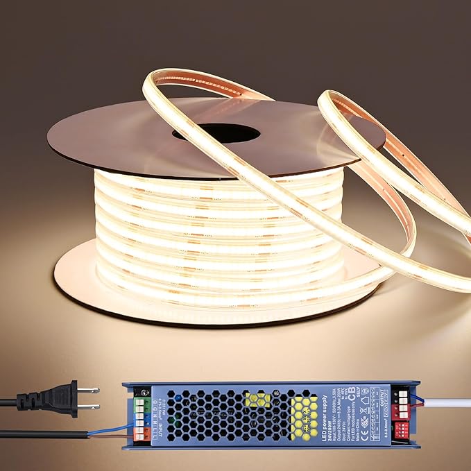 24V COB LED Strip Lights Outdoor Waterproof 65.6FT, 4000K Natural White Dimmable IP67 CRI 93 LED Rope Light with Power Supply for Bedroom Living Room Garden Commercial House