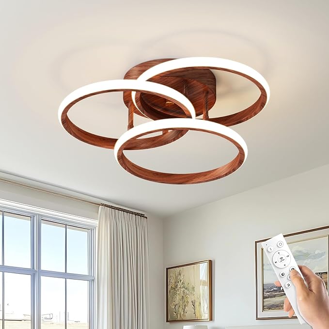 Dimmable LED Semi Flush Mount Ceiling Light Fixture with Remote Control 3-Color Dimming Circle Modern Chandelier, Close to Ceiling Bedroom Kitchen Hallways Balcony Corridor Lamp (15in- 3 Ring Wood)