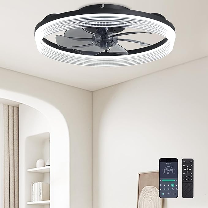 Ceiling Fans with Lights and Remote Fandelier - Black 20'' Flush Mount Low Profile Modern Ceiling Fans for Bedroom - Stepless Color Temperature and 6 Speeds