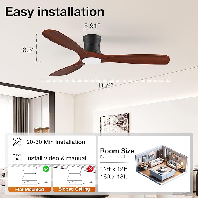 52” Smart Wood Flush Mount Ceiling Fans with Lights Remote,Quiet DC Motor,Outdoor Indoor Low Profile Ceiling Fan,Voice WIFI Alexa App Control,Dimmable,6-speed,for Modern Bedroom Patio