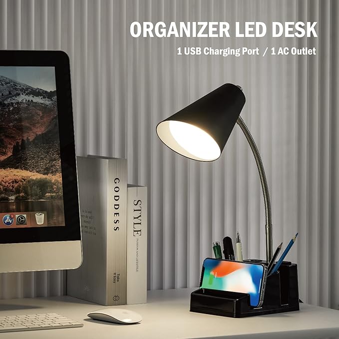 LED Desk Lamp with 1 USB Charging Port and 1 AC Outlet, Organizer Base, Adjustable Neck, On/Off Switch, Modern Table Lamp for Reading, Working, Studying, Gentle Warm White Light, Eye Protect(Black)