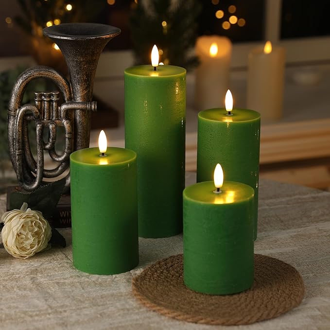 Green Flameless Candles, 4 Pack Battery Operated Candles for St. Patrick’s Day, Real Wax LED Fake Candles for Spring Decor Party Centerpiece Green