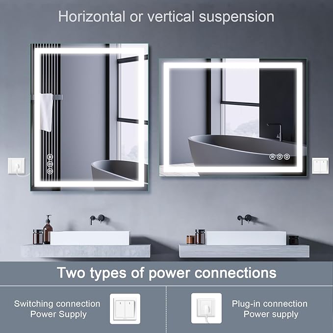 Led Bathroom Mirror with Light 40"x32" Frameless Lighted Vanity Mirror Wall Mount, Fogless, 3 Color Mode, Stepless Dimmable Front Light and Backlit, Smart Touch Sensor, Tempered Glass