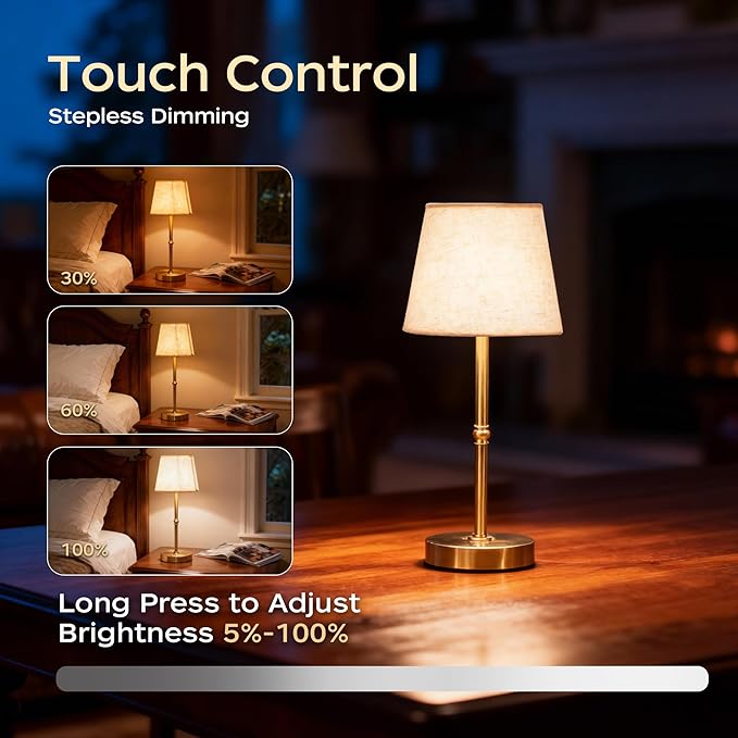 Cordless Table Lamp Rechargeable, LED Table Lamps with Touch Control, Stepless Dimmable Bedside Lamp, 6000mAh Battery Operated USB-C Lamp for Bedroom, Dining, Patio, Small Fabric Lamp Gold