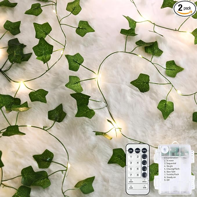 2 Pack Vines with Fairy Lights 40ft 120 LED Ivy String Lights USB Plugin & Battery Operated Leaf Lights with Timer 8 Modes Remote Decorative Light for Bedroom Wedding Party - Warm White