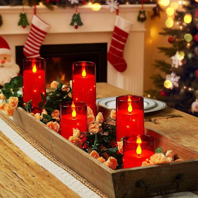 Homemory Acrylic Flameless Candles with Embedded Star String Fairy Lights, Battery Operated Candle, LED Candles, Fake Candles with Remote Control and Timer, Red, Set of 5(H4 5" 6" 8" 8")