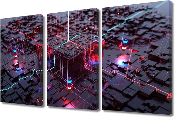 TUMOVO Computer Processors CPU Poster Wall Decor 3 Piece Modern GPU Card with Circuit and Colorful Lights Bedroom Art Prints Wall Decor Living Room Stretched and Framed Ready to Hang (36" Wx24 H)