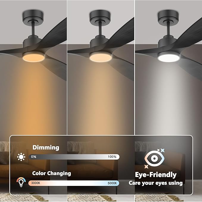 52 Inch Wood Smart Ceiling Fans with Lights Remote,Voice Control via WIFI Alexa App,Quiet DC Motor,Outdoor Indoor Ceiling Fan,Dimmable,Modern Black Lighting & Ceiling Fan for Bedroom Patio Porch
