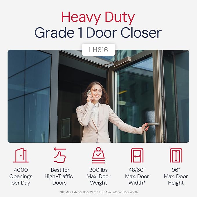 Lawrence Heavy Duty Door Closer Commercial Grade 1 - Adjustable 6-Speed Delayed-Action Door Control with 3 Pistons – Flexible Installation with Included Hardware - Embassy Series LH816