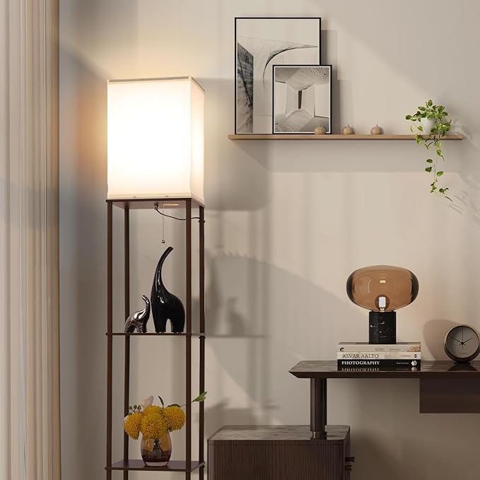 Floor Lamp with Shelves, with Modern Square Standing Lamp with Smart APP Control RGB Bulb, Corner Display Bookshelf Lamp for Living Room, Bedroom and Office(brown-9RGB)