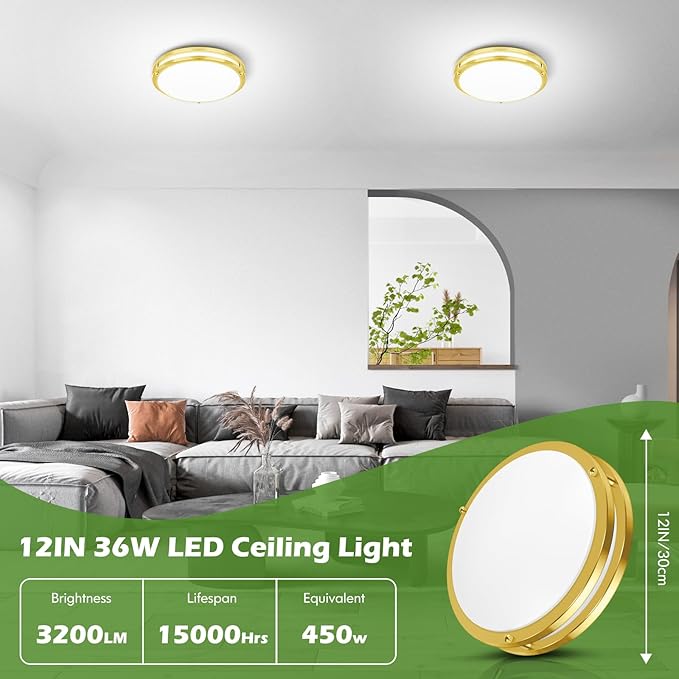 GoBright 36W LED Ceiling Lights for Bedroom Kitchen, 12 Inch 3600lm Super Bright Dimmable Gold Flush Mount Light Fixtures, 2700K/3000K/4000K/5000K/6500K Adjustable Modern Lamps for Hallway