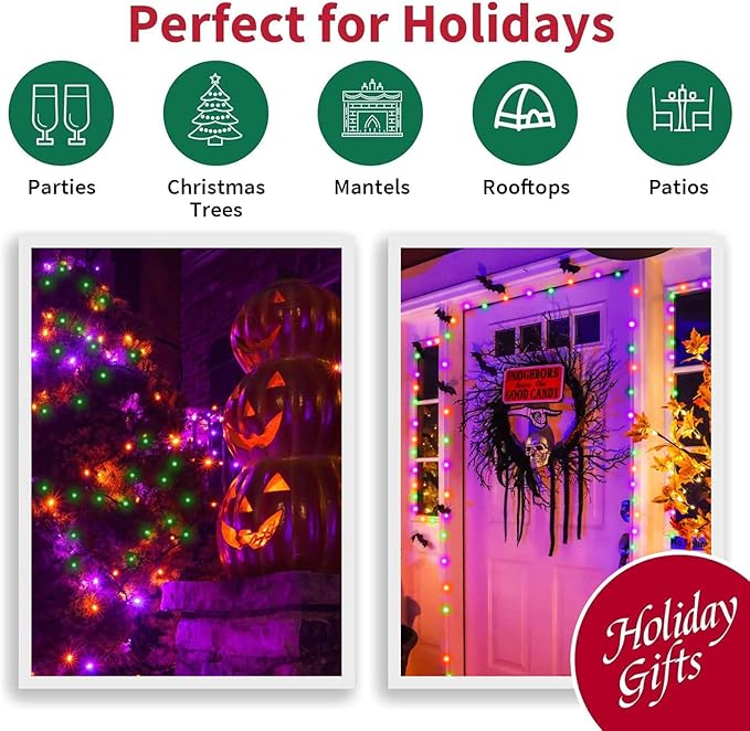 LAMPHOME 99ft Halloween Lights, 300 LED Transparent Wire Fairy Starry String Light Plug in, 16Lighting Modes for Indoor Outdoor Xmas Tree Wedding Party Decoration (Orange Purple Green)