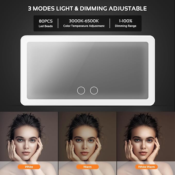 Car Sun Visor Vanity Mirror with 3 Light Modes & 80 LEDs,Rechargeable LED Makeup Mirror-Dimmable Touch Control,Universal for Truck SUV-Car Accessories Essentials for Women (White)