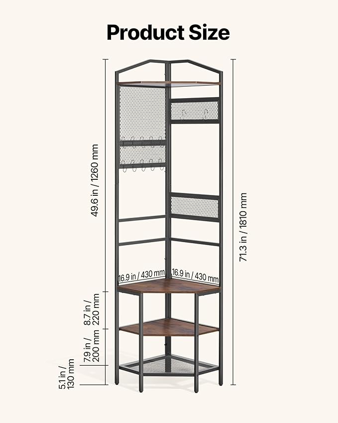 VEVOR Corner Hall Tree, 71.3 in Coat Rack with Hooks, Top Shelf & Steel Frame, Freestanding Clothes Shoes Rack Storage Organizer with Anti-Tip Set, Adjustable Non-Slip Feet for Entrance Closet Office