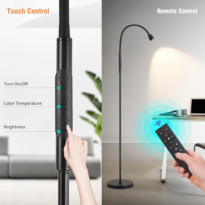 Adjustable Gooseneck LED Beam Floor Lamp, Standing Reading Lamp with Flexible Gooseneck, Dimmable, Timer and Zoomable Spotlight, Black Task Bright Lights with Remote for Living Room Bedroom