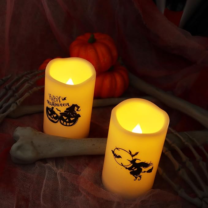 CANDLE CHOICE Outdoor Battery Operated Flameless Pillar Candles with Auto Daily Timer Waterproof Realistic Flickering Electric LED Lights with Pumpkin Witch Decals Halloween Decorations 3”X5” 2 Pack