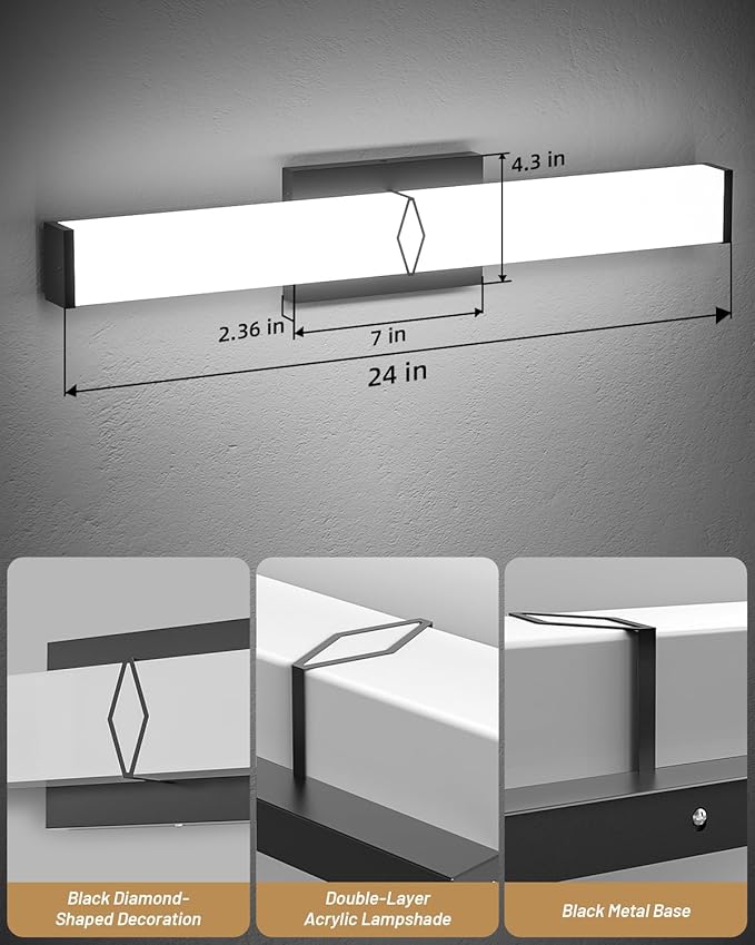Modern Bathroom Light Fixtures, 24inch Dimmable LED Bathroom Vanity Lights Over Mirror, 25W 2700LM 5CCT Black Vanity Lighting Fixtures for Mirror,ETL Certified