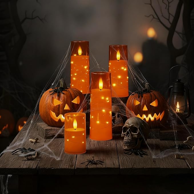 Raycare Flameless Candle with Remote Timer – 5 Flickering Acrylic Battery Operated LED Pillar Candles with Embedded Star String for Halloween, Home Decor, and as a Gift(Orange)