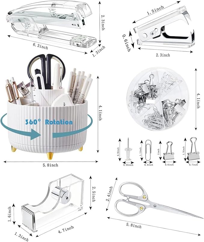 Silver Desk Organizers and Accessories Set with 360-Degree Rotating Pen Holder, Acrylic Stapler, Tape Holder, Staple Remover, Binder/Paper Clips Kit, Scissor and 1 Box of Staples