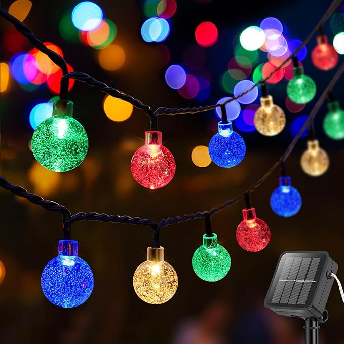 Metaku Solar String Lights for Outside, 20FT 30 LED Crystal Globe String Lights, Solar Powered Outdoor Light with 8 Lighting Modes, Patio Hanging Lights for Garden, Camping and Party Décor Multicolor