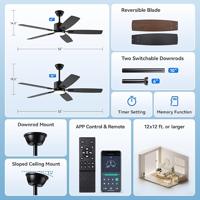 SUNMORY 52" Ceiling Fans with Lights, Smart Ceiling Fan with APP and Remote Control, Reversible DC Motor, Noiseless, Stepless Dimmable, Modern Ceiling Fan for Indoor/Outdoor Use, Black