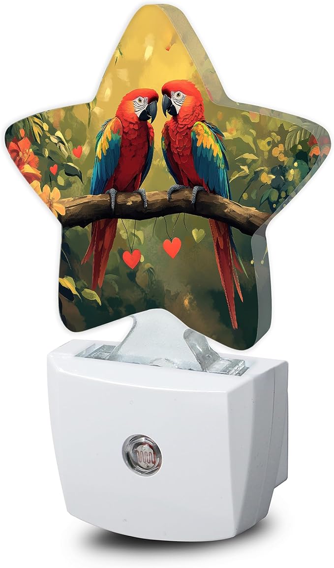 Tropical Parrot Night Light,Pink Love Heart Floral Plug-in Star Night Lights with Dusk-to-Dawn Sensor for Bedroom,Bathroom,Living Room Sleep Friendly Lamp for Women Girls Boys Gift,0.5W